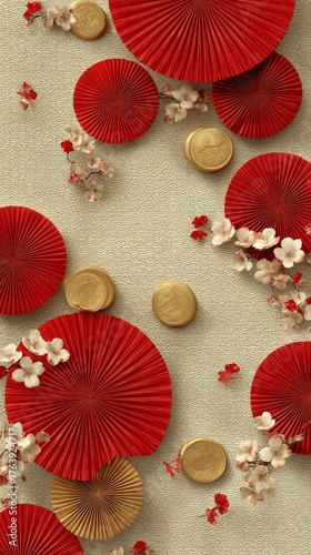 Decorative Red Fans and Gold Coins Arranged With Flowers for Festive Celebrat...