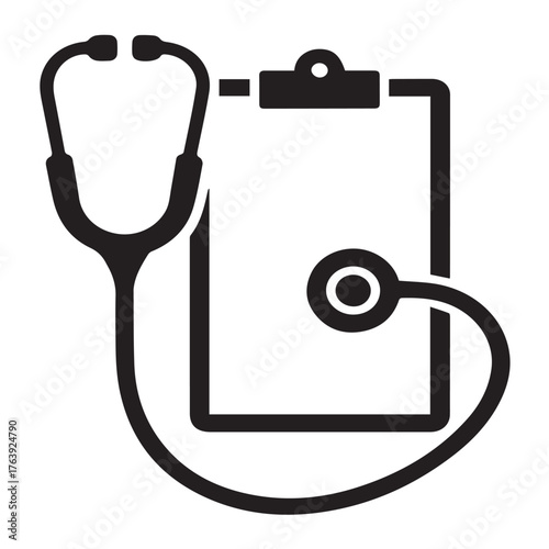 Stethoscope and clipboard icon isolated on white background a medical clipboard with a stethoscope draped over it, symbolizing healthcare, diagnosis, and patient records in a simple, graphic style