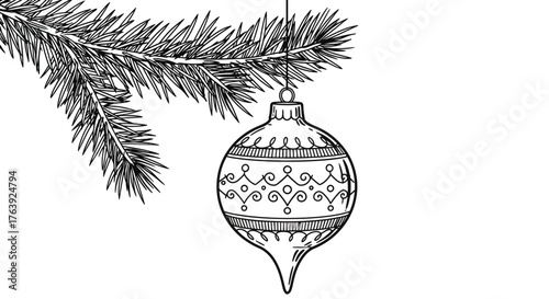 Vintage style christmas ornament hanging on pine branch in black and white line art