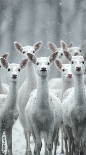Snowy Scene With a Group of White Deer Standing Closely Together in a Forest ...