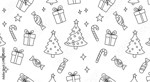 Festive christmas pattern with gifts and candy in black and white doodle style
