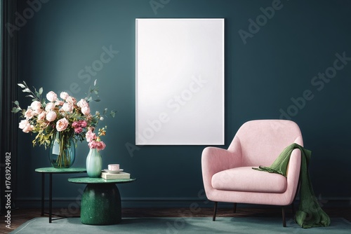 Cozy Interior Design Featuring a Pink Chair and Fresh Flowers in a Green-Them...
