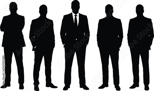 Silhouettes of businessmen standing in formal poses with suits and tie, flat vector, isolated, cad drawing
