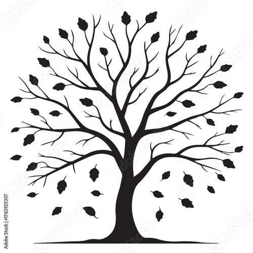 Silhouette of a deciduous tree with leaves falling, isolated on white background the tree stands tall with its branches reaching towards the sky, and leaves gracefully descending to the ground
