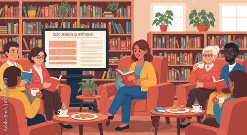 Engaging book club gathering with diverse participants in a cozy library setting
