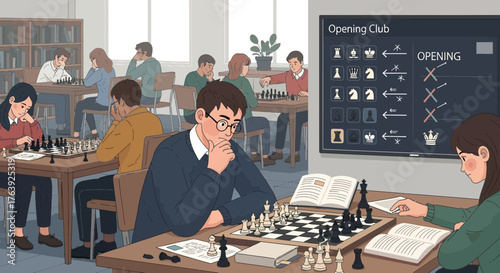Illustration of a chess club scene, focused on strategy and intellectual engagement