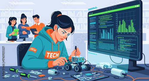 Illustration showcasing a young woman assembling a robot in a vibrant tech workspace