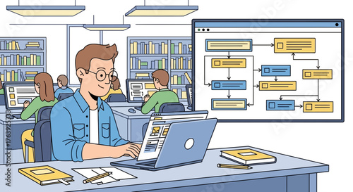 Focused student utilizing tech in a library setting, working on development flows