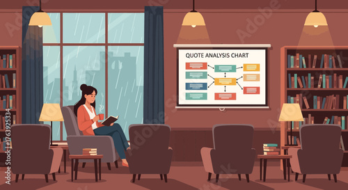 Cozy library scene featuring a reader, presentation chart, and rainy cityscape