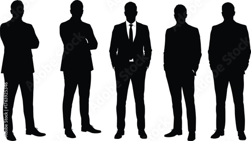 Silhouettes of businessmen standing in formal poses with suits and tie, flat vector, isolated, cad drawing