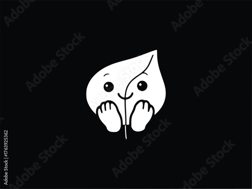 Cute cartoon leaf character with big eyes and hands, isolated on black background