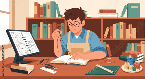 Focused craftsman stitching a design while referencing a digital blueprint and bookshelves