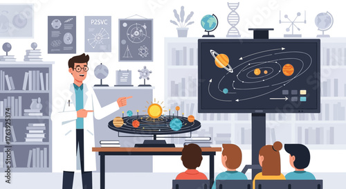 Illustrative science class demonstrating the solar system to students in the classroom