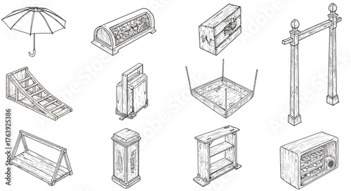 Hand drawn wooden objects collection featuring outdoor and indoor structures in monochrome line art