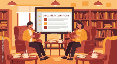 Two individuals engaged in a book discussion within a cozy library environment