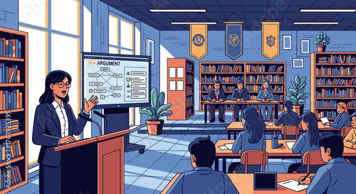 Academic presentation delivering argument strategies at educational institution