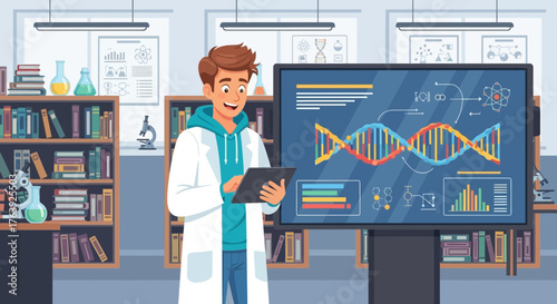 Scientist analyzing molecular data in a laboratory with graphical interface
