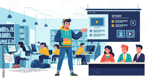 Digital storytelling workshop with presenter and engaged audience in library