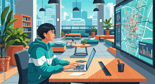 Young professional working on laptop in open workspace with city view backdrop