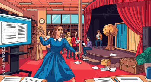 Dramatic reading gone awry in school theatre space with stage fright acting