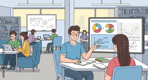 Engaged university students collaborative learning session in a modern co-working space