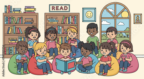 Cartoon illustration showing a group of kids sitting around and reading books