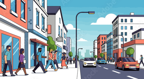 Vibrant city street with pedestrians, cars, and modern buildings illustration