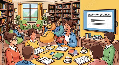 Engaging book club discussion in a cozy library setting with modern elements