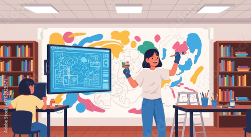 Creative expression: Mural painting with modern design integration in studio space