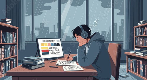 Digital artist exploring emotions through colors and drawing on a rainy day scene