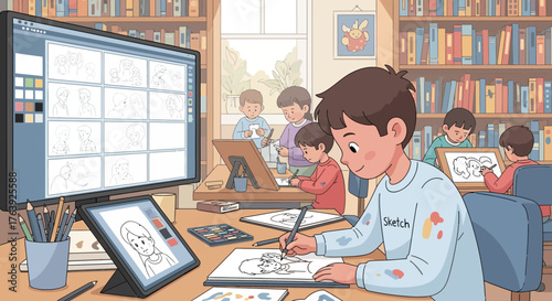 Young animators' collaborative workspace with digital and traditional tools