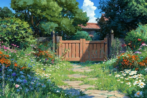 Colorful Garden Pathway Leads to a Wooden Gate on a Sunny Day in a Serene Vil...