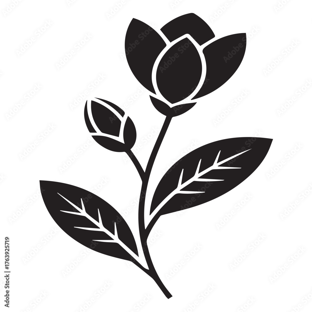 Obraz premium Elegant silhouette of a magnolia flower with a bud and leaves, isolated on white background the design is simple, clean, and modern, perfect for logos, icons, and botanical illustrations