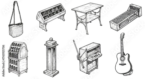 Vintage ink drawings of musical instruments and furniture
