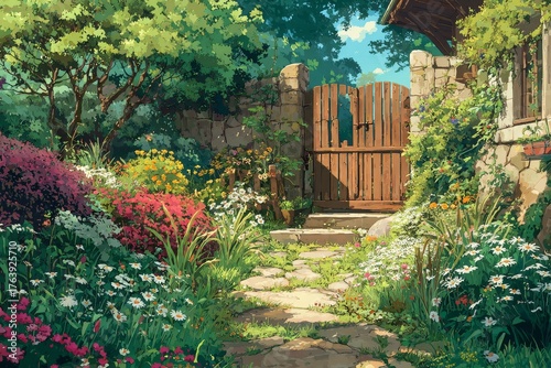 Garden Gate Opens to a Vibrant Pathway Filled With Flowers and Greenery in a ...