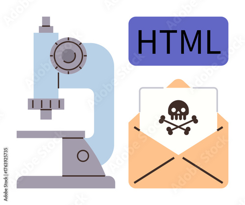 Microscope examining threats alongside an envelope containing a skull-and-crossbones image and HTML text. Ideal for cybersecurity, risk analysis, malware detection, hacking prevention, spam