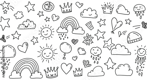 Playful doodle pattern with rainbows, stars, and clouds in black and white