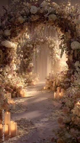 Beautiful Floral Archway With Soft Candlelight in an Elegant Setting During a...