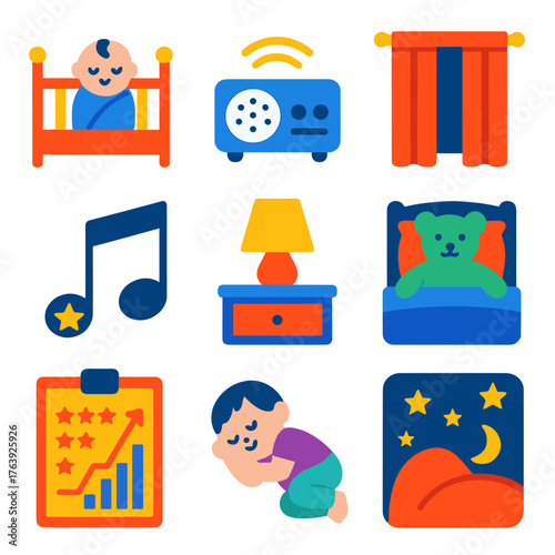 Sleep Routine Icons. Flat vector icons of sleep and nap routines: baby in crib icon, white noise machine, blackout curtain icon,
