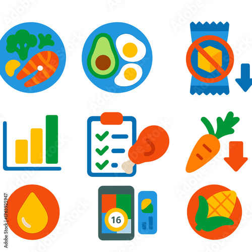 Low-Carb Icon Set. Flat vector icons of low-carb nutrition: keto meal icon, avocado and eggs plate, sugar-free snack, low glycemic