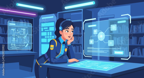 Futuristic tech analyst working with advanced holographic displays in laboratory