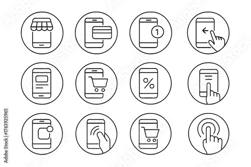 Mobile Commerce Icons. Line style round icons of mobile commerce: smartphone shop, mobile payment, app notification, swipe icon;