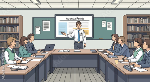 Educational Business Meeting with Agenda Points Presentation in Library Room
