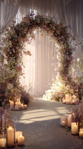 Beautiful Floral Arch With Candles Illuminated in a Wedding Venue During Daytime