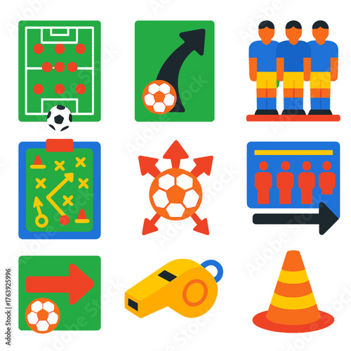 Football Strategy Icons. Flat vector icons of football strategies and tactics: 4-4-2 formation icon, attacking arrow chart,
