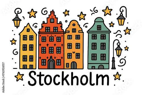 Colorful Stockholm Doodle. Doodle stockholm gamla stan with colorful houses, stars, and lanterns, center word “Stockholm” in black