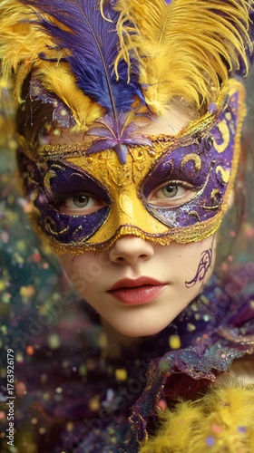 Vibrant Mask and Colorful Feathers Adorn a Performer During a Festive Celebra...