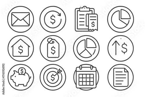 Budgeting Line Icons. Line style round icons of monthly budgeting: envelope method, recurring expense, bill tracker, category