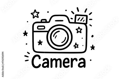 Doodle Camera Design. Doodle camera with stars, lenses, and flashes, center word “Camera” in black and white isolated transparent
