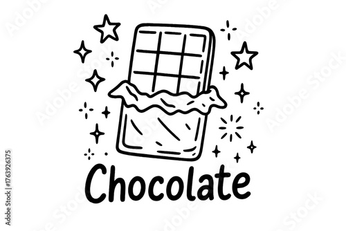 Doodle Chocolate Delight. Doodle chocolate bar with stars, sparkles, and wrappers, center word “Chocolate” in black and white